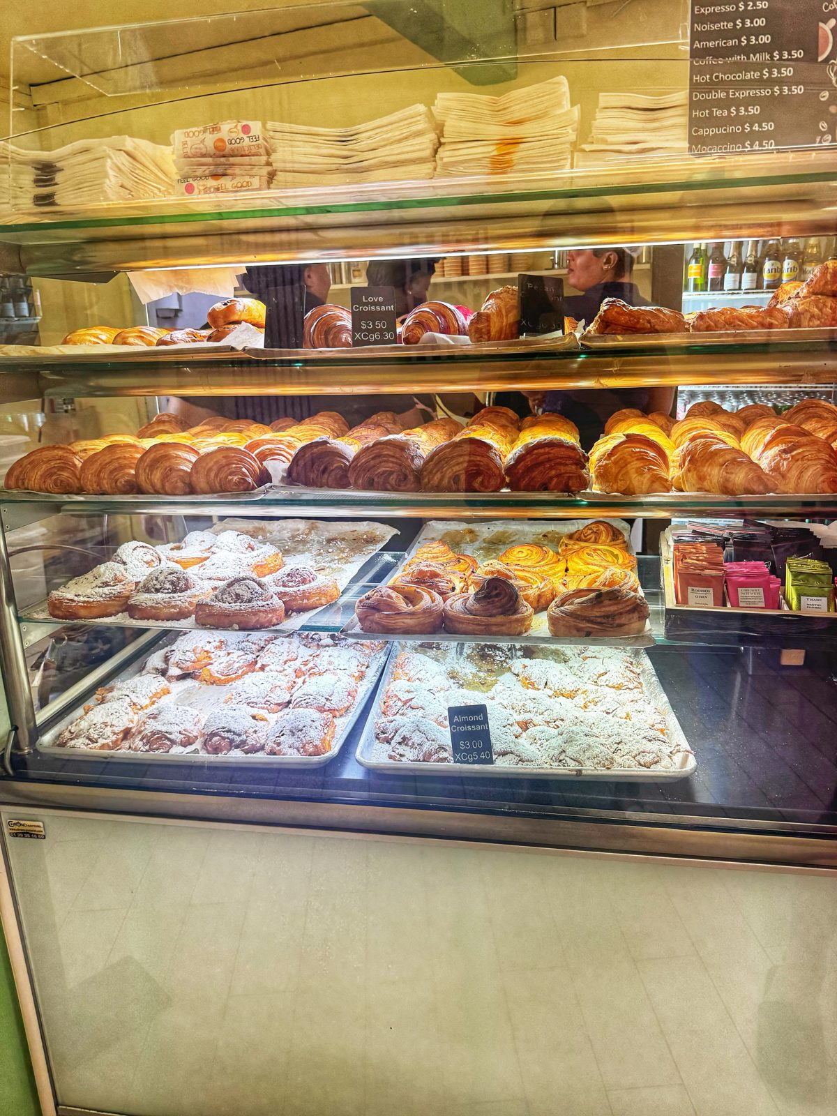The pastry case at La Sucriere in Sint Maarten, ready for collection orders