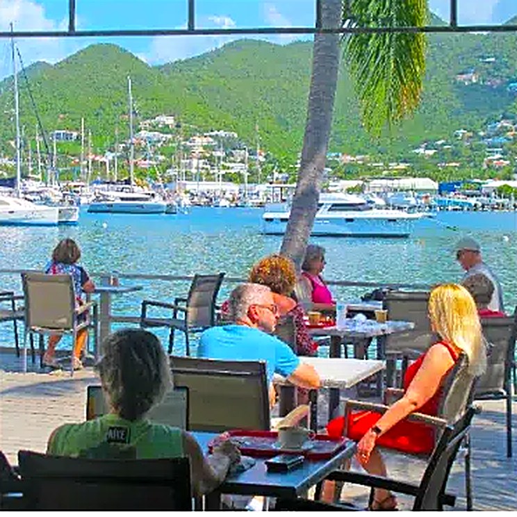 The waterfront terrace at La Sucriere on Simpson Bay Lagoon, Sint Maarten